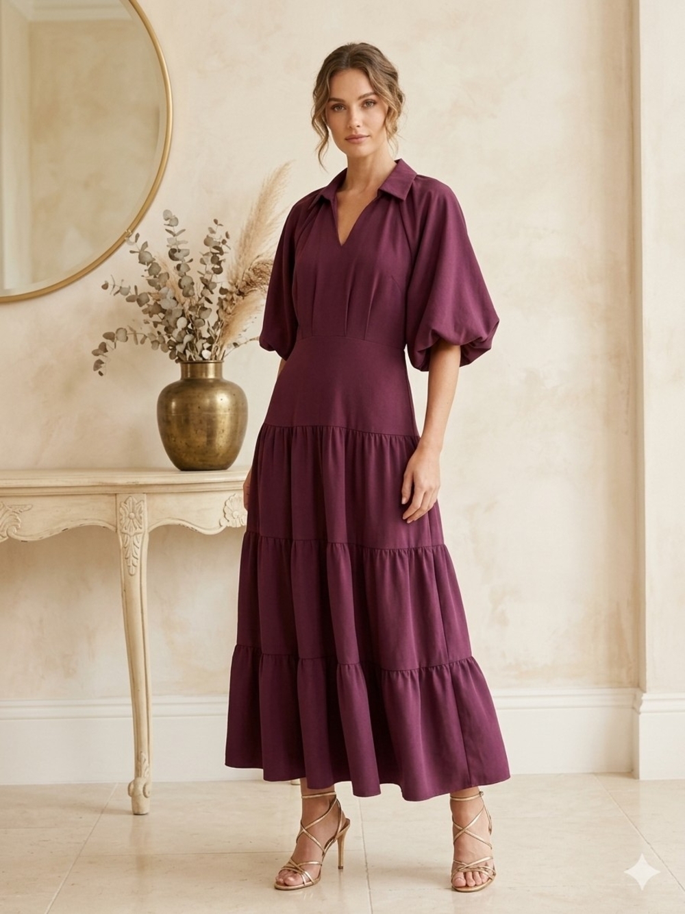 Plum Maxi Dress with Puff Sleeves